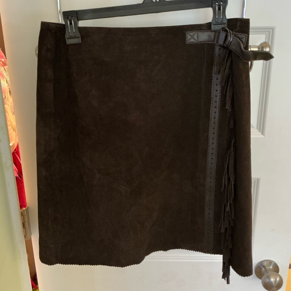 Carlisle Brown Mini Wrap Skirt with Tie Front